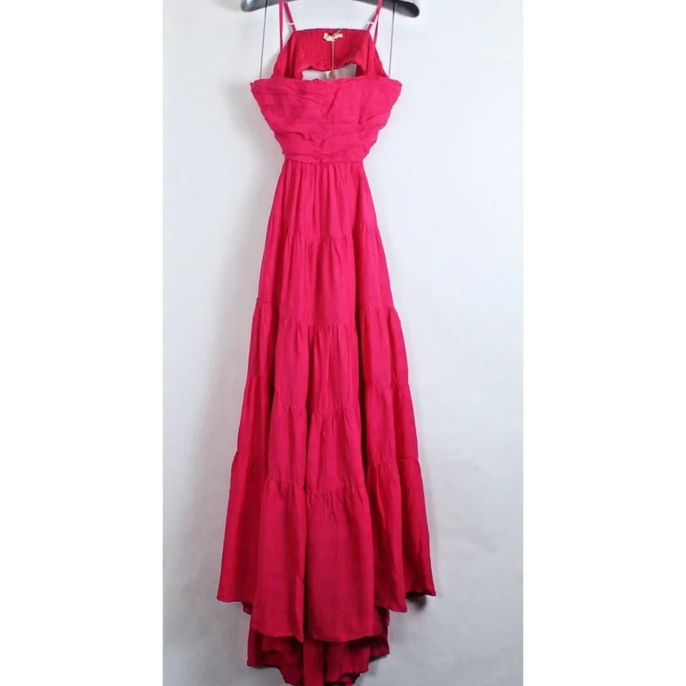 Anthropologie Let Me Be Cutout Tiered Dress Maxi Magenta $190 MSRP Size Small